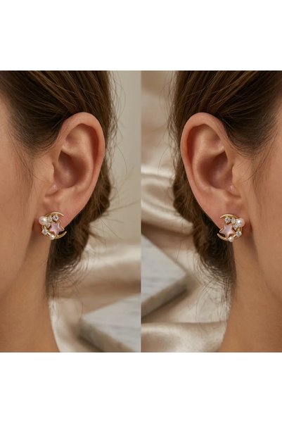 xuping takı Xuping Star Pearl Detailed Zircon Stone Gold Women's Stud Earrings