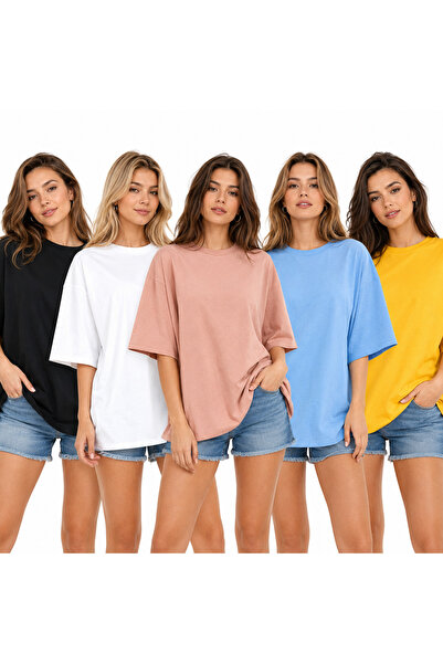 POLYMOOD Set of 5 Oversize T-Shirts Made of 100% Organic Cotton with Ribbed C...