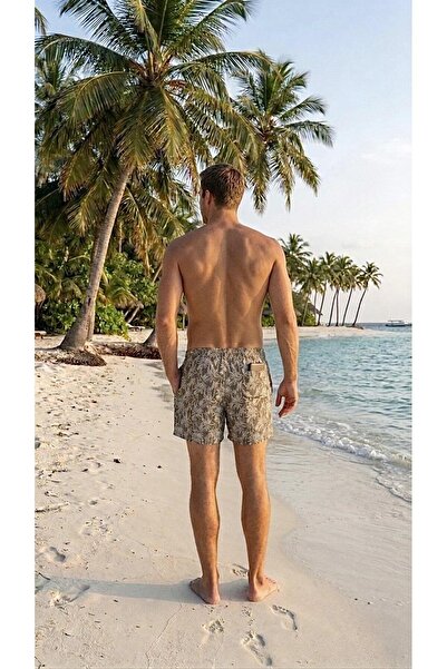 MY SEA K-247 Men's Khaki Palm Patterned Large Size Pocketed Swim Shorts