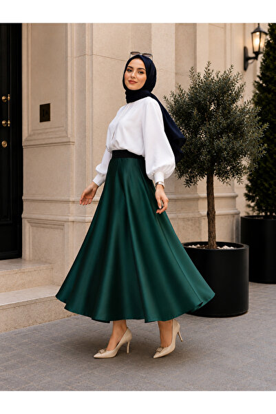 ELMODA Women's Ribbed Shorts Lined Satin Full Circle Mevlana Skirt