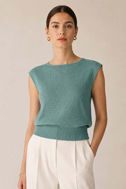 Ferraro Mint Green Openwork Crew Neck 100% Cotton Women's Knitwear Blouse