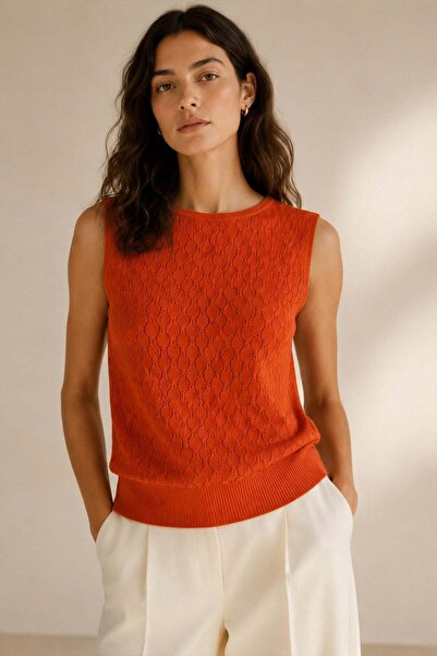 Ferraro Orange Openwork 100% Cotton Women's Sleeveless Knitwear Blouse