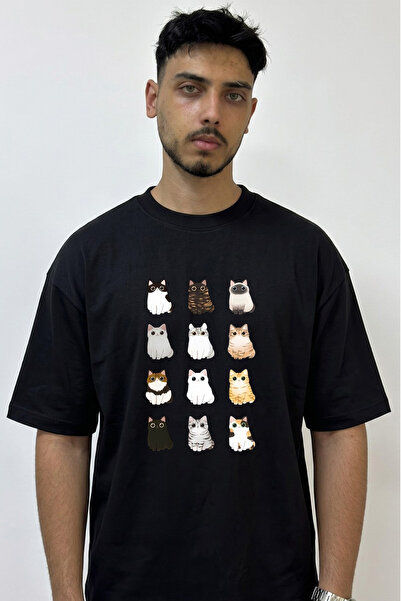 Anetos Kawaii Cats dizajn, štampana oversize crna majica