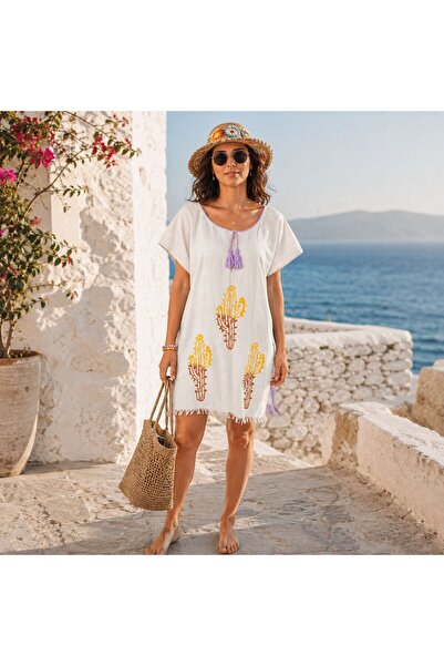 BIJUTERI Par-13019 Ecru Cactus Patterned Şile Cloth Beach Dress & Pareo |   E...