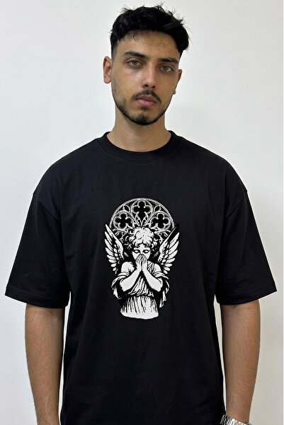 Anetos Gothic Angel_1 Design Printed Oversize Black T-Shirt