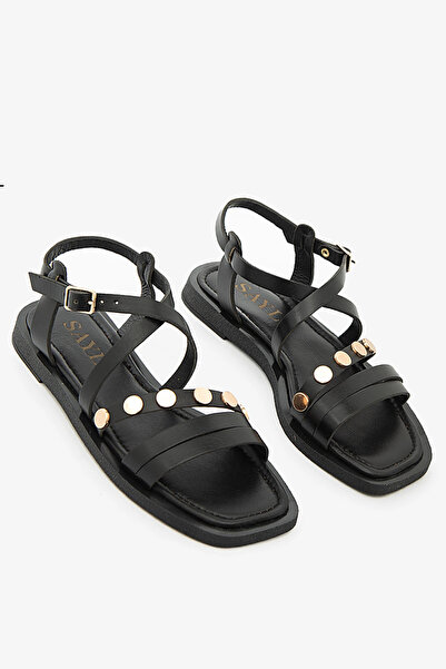 SAYL Black Genuine Leather Studded Detailed Cross-Strapped Flat Sole Women's ...