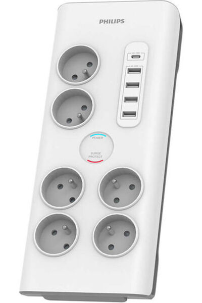 Philips Πολύπριζο με προστασία από υπερτάσεις, 6 θέσεις, με 4 USB-A, 1 USB-C,...