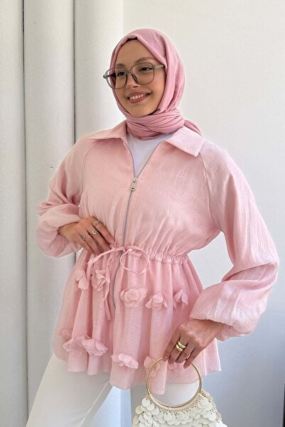 Modaensarbutik Çiçek Detaylı Simli Vual Kumaş Balon Kol Ceket-PEMBE