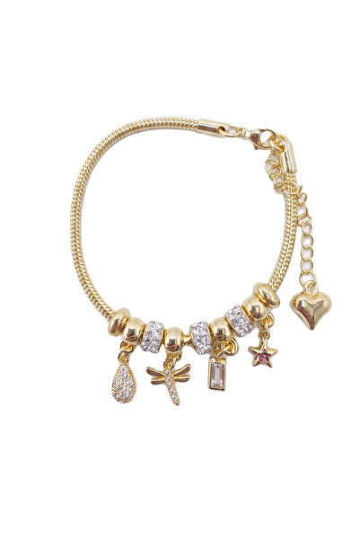 Butik 316L Çelik Gold Renk Kalpli Yıldızlı Charm Kadın Bileklik