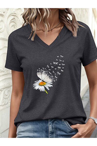 Deocept Women's Mix Printed V-Neck Sleeved Regular Fit Comfortable T-Shirt