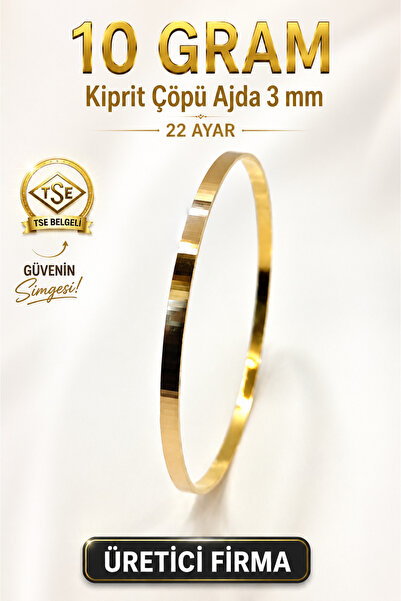 Aks Gold 22 Ayar TSE Belgeli (10 GRAM) 3 mm Kibrit Çöpü Ajda Altın Bilezik İş...