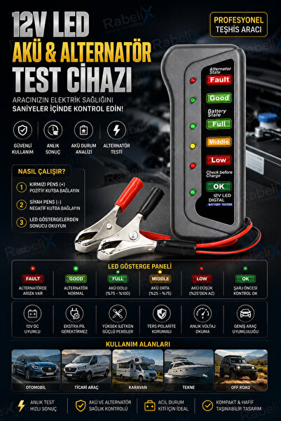 Rabelix Online Marketing 12V LED Akü Test Cihazı Alternatör Test Cihazı Dijit...