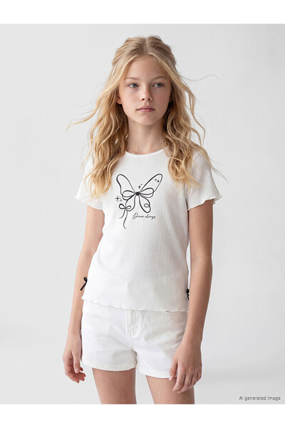 LC Waikiki Trendlucky Girl's T-Shirt with Printed Bow Detail and Contrast