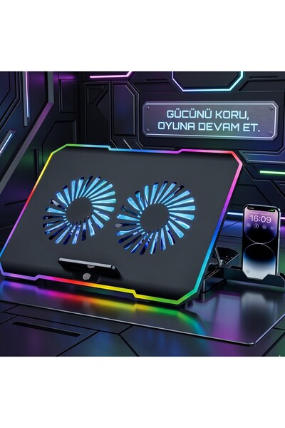 wiks Premium Çift Fanlı Notebook Soğutucu Stand - RGB Işıklı ve Telefon Tutuc...