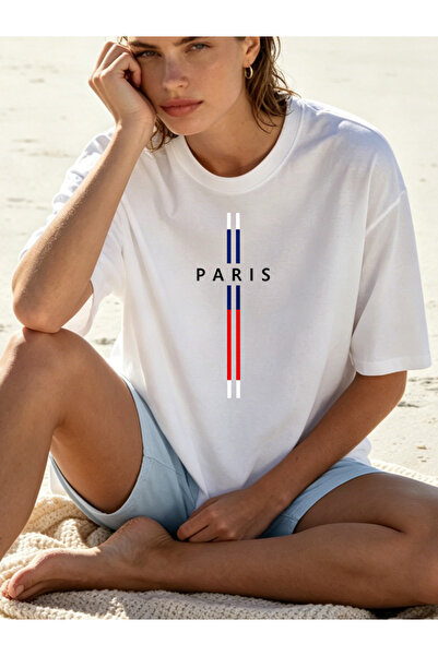 Fleck Womens T Shirts Paris Flag Design Casual Loose Fit Summer Basic White Top