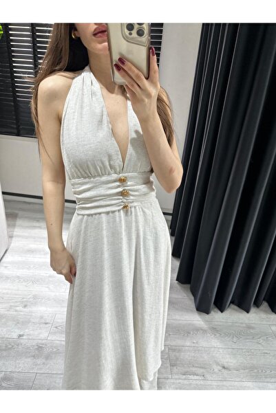 Özgece BOYUNDAN BAĞLAMALI GOLD DÜĞME DETAY ELBİSE