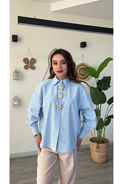 Famecoy Kadın gold düğme deraylı uzun kollu oversize gömlek gml00405