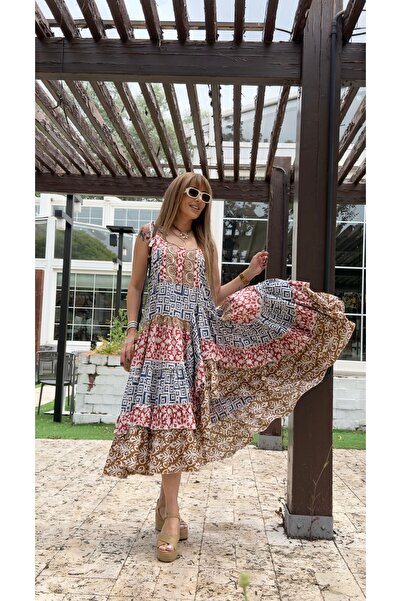 ModayButik Bohem Patchwork Askılı Midi Elbise