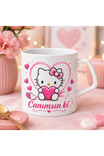 DKY Hello Kitty Kalpli Canımsınki Yazılı Latte Boy Kupa Bardak