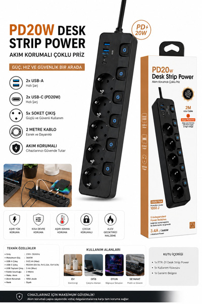 TUROVE 5’li Akım Korumalı Çoklu Priz 2 USB-A 2 USB-C PD20W Hızlı Şarj 2 Metre...