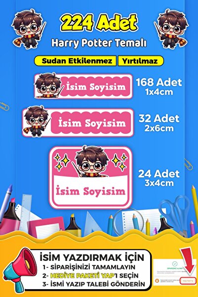 SB store Okul Kreş Kişiye Özel isim Etiket Seti Harry Potter Temalı - Model 726