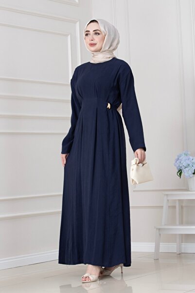 Sevitli Beli Buckle Detailed Hijab Dress-Dark Blue