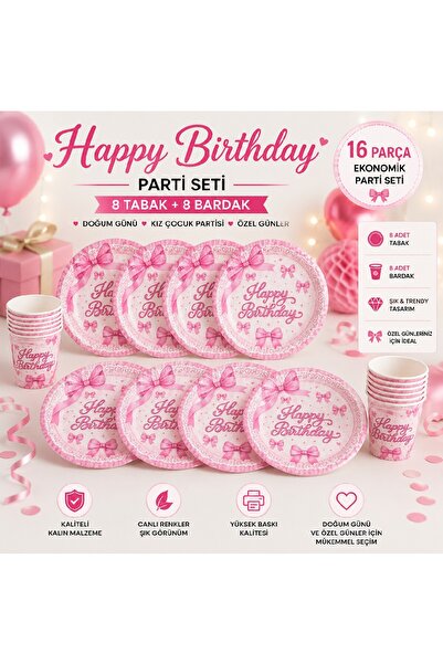 BKMC PARTY Kız Çocuk Doğum Günü Pembe Kurdale Parti Seti Happy Birthday 16 Pa...