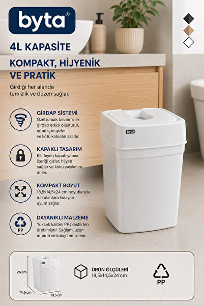 BYTA 4 Liter Mini Trash Can with Lid – Anti-Odor Swirl System, Compact Pp Pla...