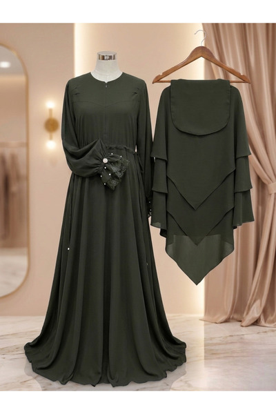 Generic Brand Medina Silk 3-Piece Hijab Set - Abaya with Pearl Detailed Cuffs...