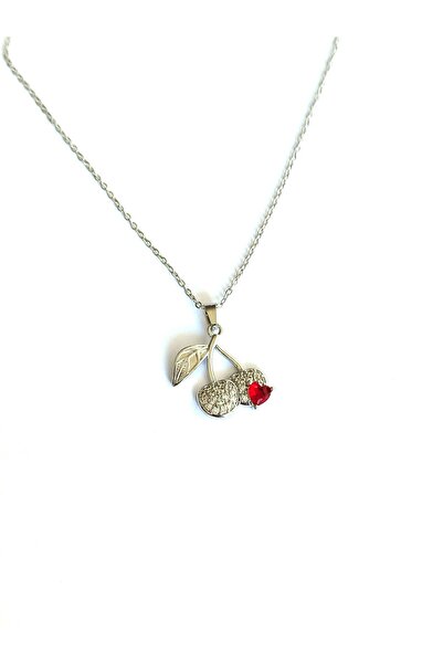 Umrece Cherry Red Heart Detail Silver Necklace
