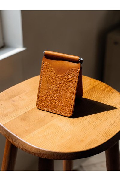 MAT Deri Shawl Patterned Card Holder & Wallet with Money Clip Vintage Gift Wallet Camel Yellow