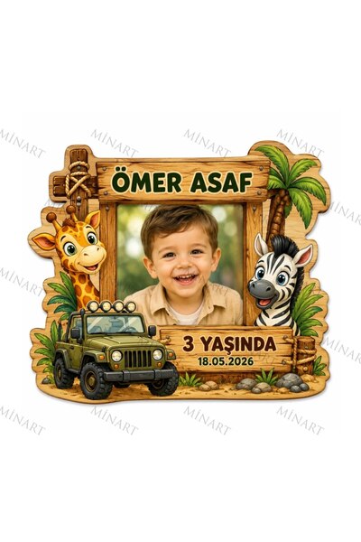 Minart 25 Adet Fotoğraflı Doğum Günü Magneti, Safari Jeep'li Temalı Zürafa Ze...