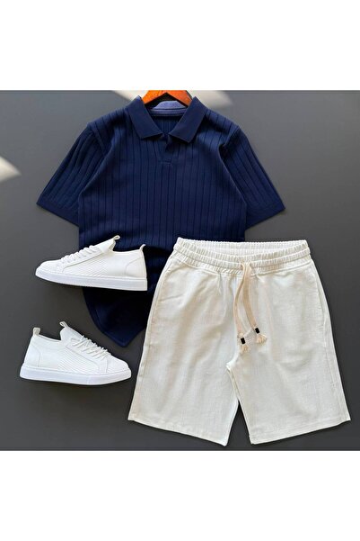 Beylerce Nurse Collar Knitwear T-Shirt + Raw Linen Shorts 2-Piece Combination