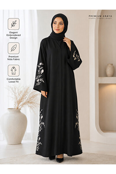 Generica Premium Black Abaya with White Floral Embroidery | Front Open Modest...
