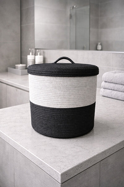Naspar Anthracite Gray - White Color Covered Basket, Multi-Purpose Wicker Dir...