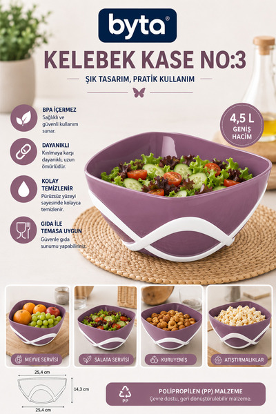 BYTA Kelebek Bowl No:3 4.5 L Pp Plastic Large Size Serving, Salad and Fruit P...