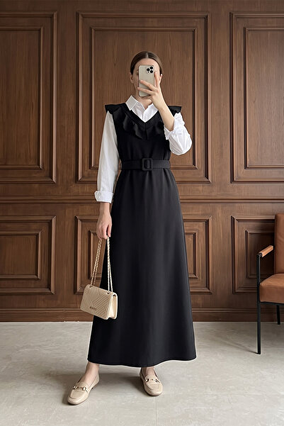 MODAQU V-Neck Belted Long Jile Hijab Dress – Black