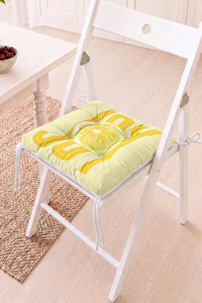 Home Joy Yazılı Limon Dilimi Desenli Pofidik Sandalye Minderi - Sarı Beyaz De...