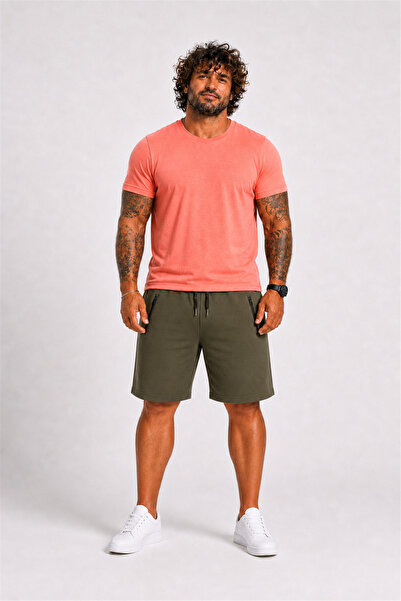 Starbattal Large Size Zippered Classic Combed Cotton Shorts 26622 Khaki