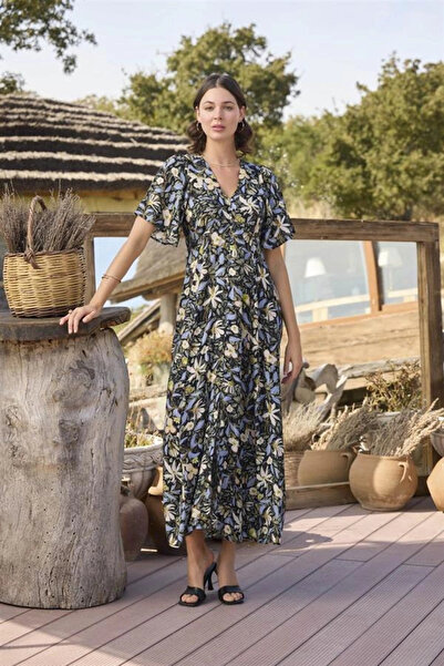 kapsulavm 100% Viscose Floral and Leaf Patterned Buttoned Front Dress