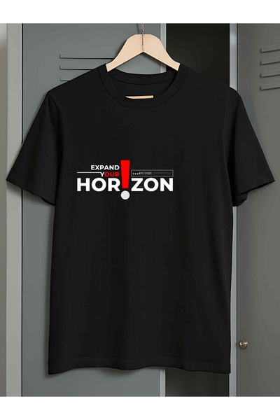 2mcup 1 قطعة تي شيرت رجالي أسود بطبعة هندسية ورسومات HORIZON، قصة مريحة، أكما...