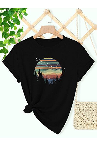 STITCHLY تي شيرت نسائي أبيض بتصميم شجرة ملونة بظلال غروب الشمس، بأكمام قصيرة ...