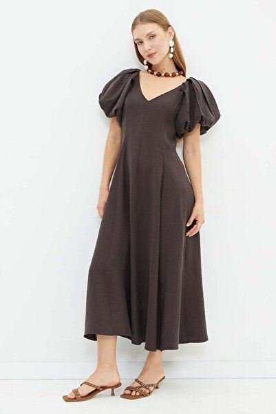 Fulla Moda Φόρεμα μάξι με μανίκια μπαλόνι και λαιμόκοψη V