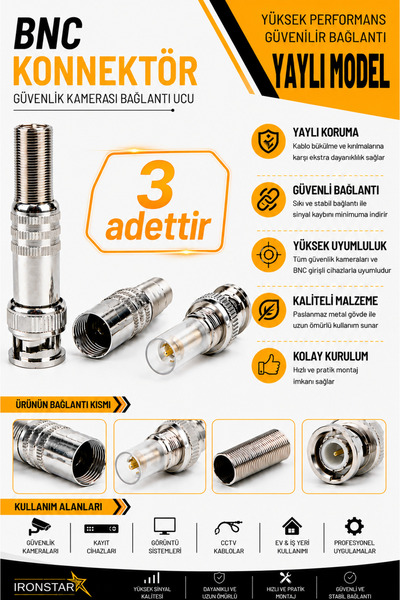 IRONSTAR 3 ADET Yaylı BNC konnektör / Güvenlik kamerası BNC konnektörü / CCTV...