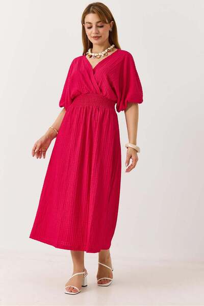 Raneel Kazançlı Alışveriş Beli Gipeli Double Breasted Collar Midi Dress Fuchsia
