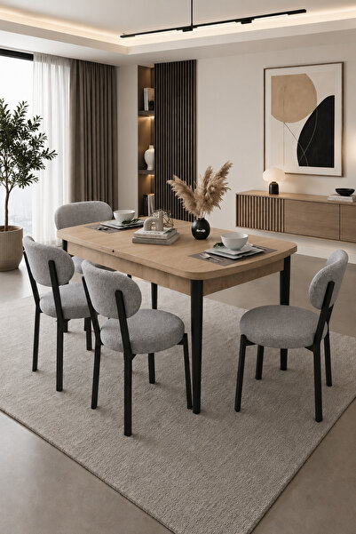 Renlife Açılır Yemek Masası ve Sandalye Seti Metal Ayaklı | 4 Sandalye + 80X1...