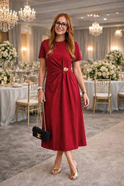 Generic Brand Women's Short Sleeve Round Neck Gathered Waist Buckle Detailed ...