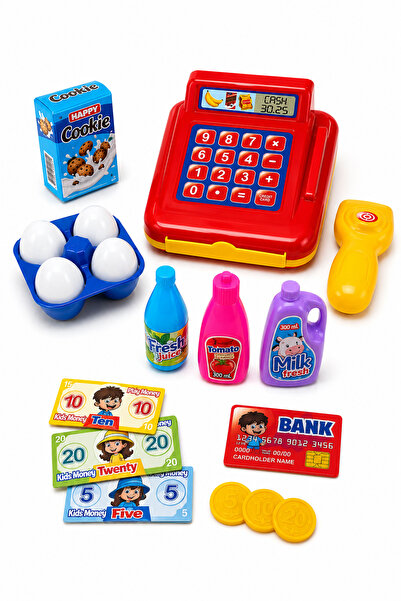 FunkyCraft Oyuncak Market Seti Barkod Okuyuculu Yazar Kasa Alışveriş Seti Kas...