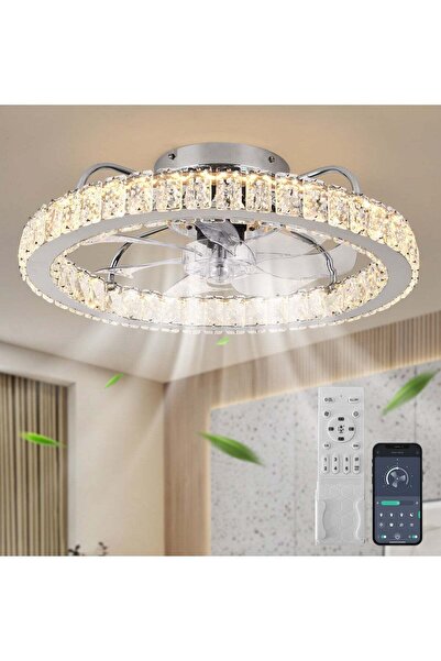 Ganeed LED Dimmable Crystal Chrome Ceiling Fan with Light, Modern 24W White R...