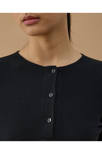 Aybikestil Fitilli Penye Kaşkorse Patlı Düğmeli Uzun Kollu Slim Fit Body Siyah